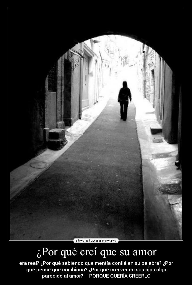 ¿Por qué creí que su amor - era real? ¿Por qué sabiendo que mentía confié en su palabra? ¿Por
qué pensé que cambiaría? ¿Por qué creí ver en sus ojos algo
parecido al amor?     PORQUE QUERÍA CREERLO
