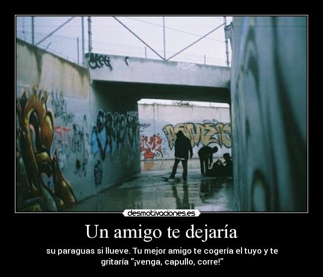 Un amigo te dejaría - su paraguas si llueve. Tu mejor amigo te cogería el tuyo y te
gritaría ¡venga, capullo, corre!
