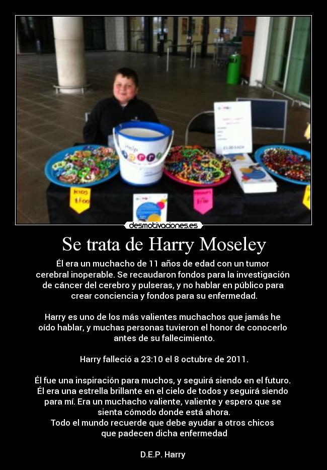 Se trata de Harry Moseley - Él era un muchacho de 11 años de edad con un tumor 
cerebral inoperable. Se recaudaron fondos para la investigación 
de cáncer del cerebro y pulseras, y no hablar en público para 
crear conciencia y fondos para su enfermedad.

Harry es uno de los más valientes muchachos que jamás he 
oído hablar, y muchas personas tuvieron el honor de conocerlo 
antes de su fallecimiento.

Harry falleció a 23:10 el 8 octubre de 2011.

Él fue una inspiración para muchos, y seguirá siendo en el futuro. 
Él era una estrella brillante en el cielo de todos y seguirá siendo 
para mí. Era un muchacho valiente, valiente y espero que se 
sienta cómodo donde está ahora.
Todo el mundo recuerde que debe ayudar a otros chicos 
que padecen dicha enfermedad

D.E.P. Harry 