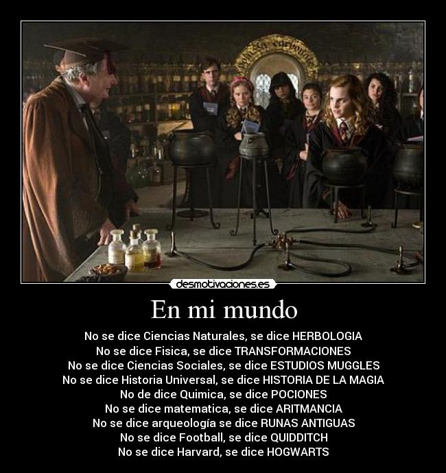En mi mundo - No se dice Ciencias Naturales, se dice HERBOLOGIA
No se dice Fisica, se dice TRANSFORMACIONES
No se dice Ciencias Sociales, se dice ESTUDIOS MUGGLES
No se dice Historia Universal, se dice HISTORIA DE LA MAGIA
No de dice Quimica, se dice POCIONES
No se dice matematica, se dice ARITMANCIA
No se dice arqueología se dice RUNAS ANTIGUAS
No se dice Football, se dice QUIDDITCH
No se dice Harvard, se dice HOGWARTS