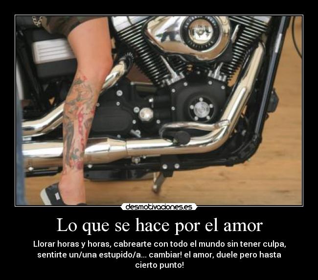 Lo que se hace por el amor - Llorar horas y horas, cabrearte con todo el mundo sin tener culpa,
sentirte un/una estupido/a... cambiar! el amor, duele pero hasta
cierto punto!