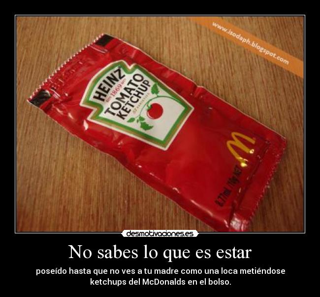 No sabes lo que es estar - poseído hasta que no ves a tu madre como una loca metiéndose
ketchups del McDonalds en el bolso.