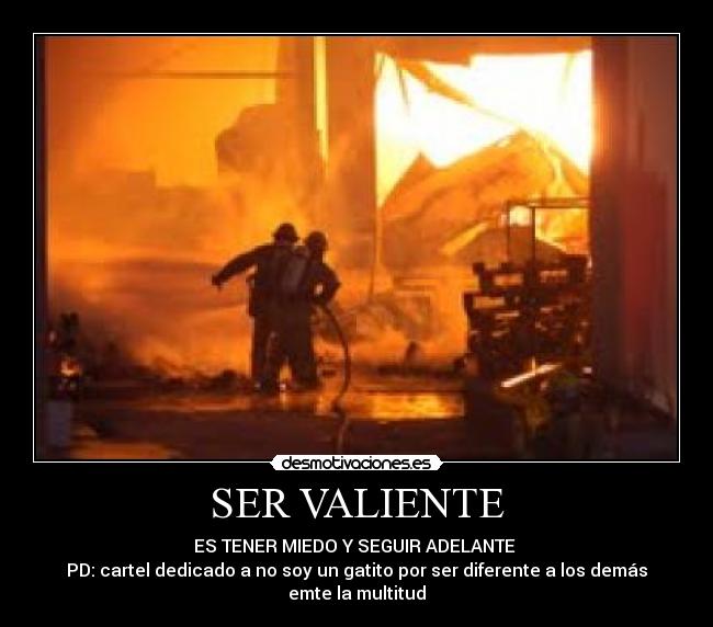 SER VALIENTE - ES TENER MIEDO Y SEGUIR ADELANTE 
PD: cartel dedicado a no soy un gatito por ser diferente a los demás emte la multitud