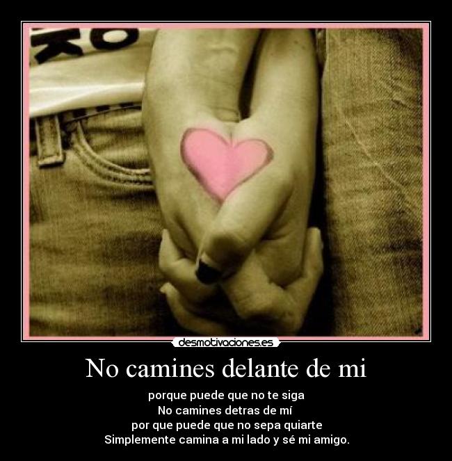 No camines delante de mi - porque puede que no te siga
No camines detras de mí 
por que puede que no sepa quiarte
Simplemente camina a mi lado y sé mi amigo.