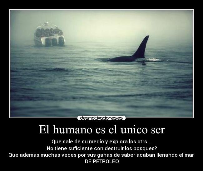 El humano es el unico ser - Que sale de su medio y explora los otrs ...
No tiene suficiente con destruir los bosques?
Que ademas muchas veces por sus ganas de saber acaban llenando el mar 
DE PETROLEO