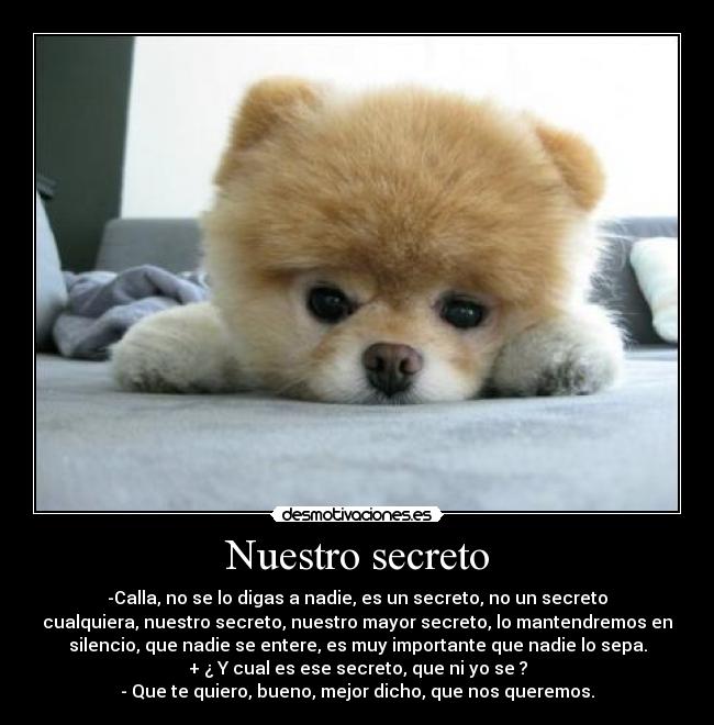 Nuestro secreto - -Calla, no se lo digas a nadie, es un secreto, no un secreto
cualquiera, nuestro secreto, nuestro mayor secreto, lo mantendremos en
silencio, que nadie se entere, es muy importante que nadie lo sepa.
+ ¿ Y cual es ese secreto, que ni yo se ?
- Que te quiero, bueno, mejor dicho, que nos queremos.