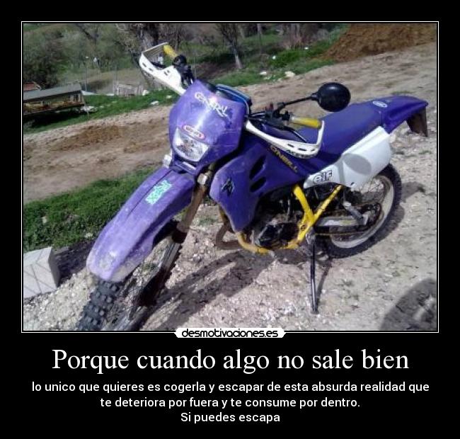 Porque cuando algo no sale bien - lo unico que quieres es cogerla y escapar de esta absurda realidad que
te deteriora por fuera y te consume por dentro.
Si puedes escapa