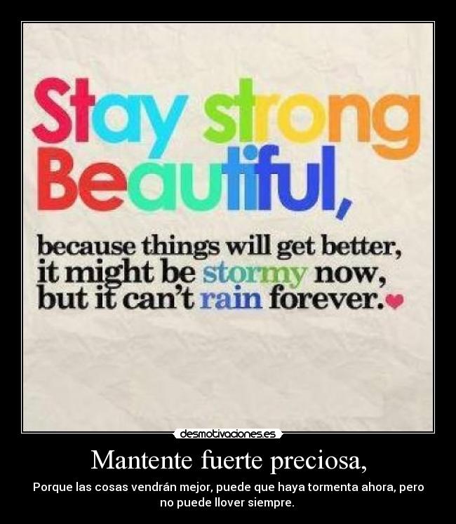 Mantente fuerte preciosa, - Porque las cosas vendrán mejor, puede que haya tormenta ahora, pero
no puede llover siempre. ♥