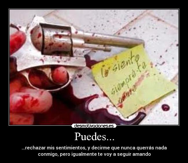 Puedes... - ...rechazar mis sentimientos, y decirme que nunca querrás nada
conmigo, pero igualmente te voy a seguir amando