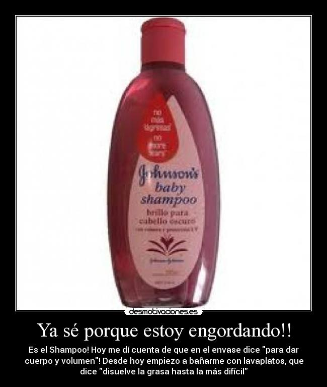 Ya sé porque estoy engordando!! - Es el Shampoo! Hoy me dí cuenta de que en el envase dice para dar
cuerpo y volumen! Desde hoy empiezo a bañarme con lavaplatos, que
dice disuelve la grasa hasta la más difícil