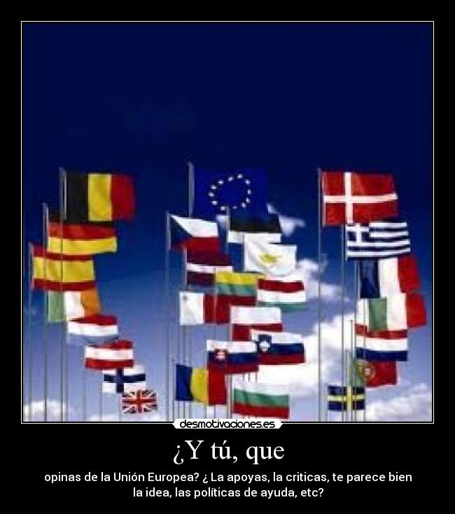 ¿Y tú, que - opinas de la Unión Europea? ¿ La apoyas, la criticas, te parece bien
la idea, las políticas de ayuda, etc?