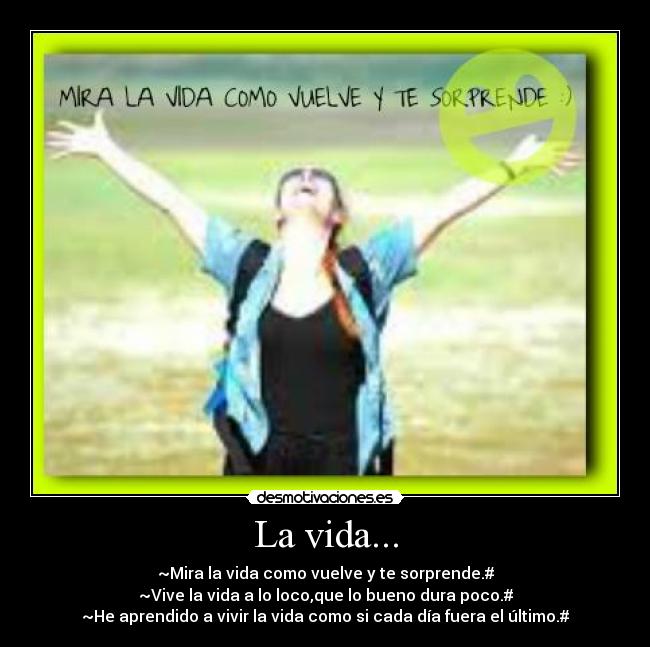 La vida... - ~Mira la vida como vuelve y te sorprende.#
~Vive la vida a lo loco,que lo bueno dura poco.#
~He aprendido a vivir la vida como si cada día fuera el último.#