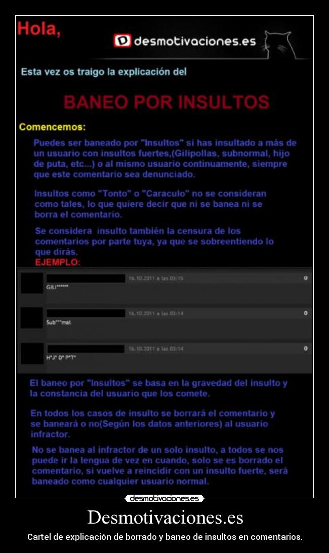 Desmotivaciones.es - Cartel de explicación de borrado y baneo de insultos en comentarios.