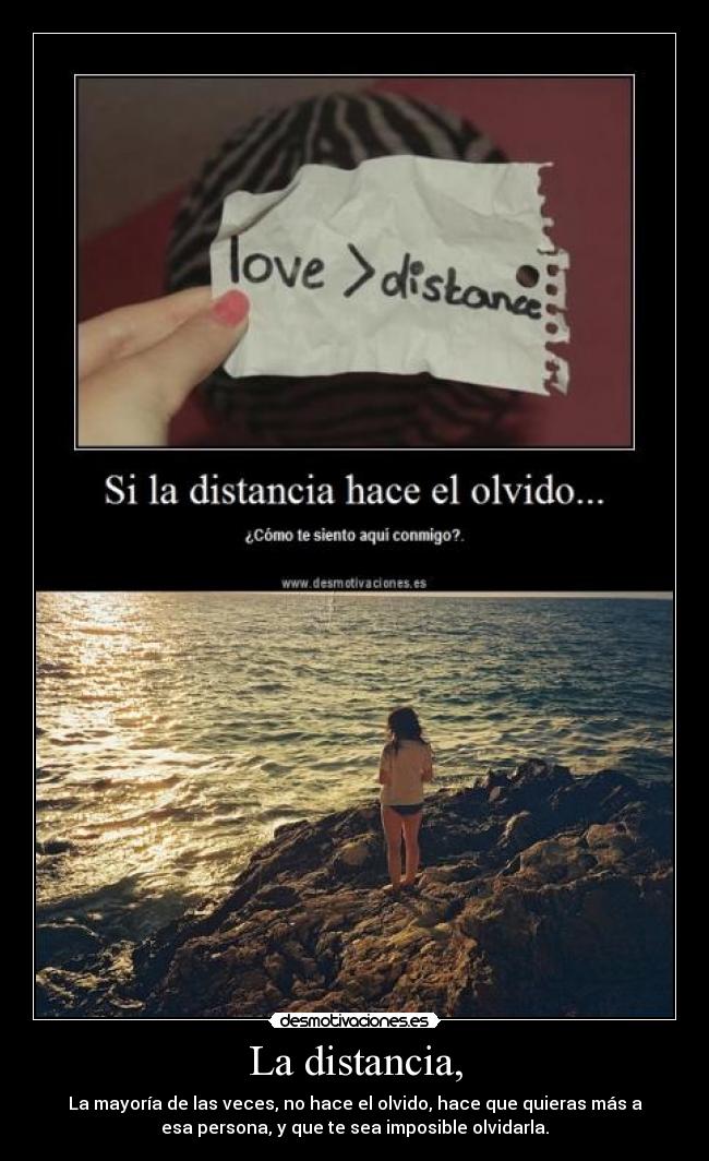 La distancia, - La mayoría de las veces, no hace el olvido, hace que quieras más a
esa persona, y que te sea imposible olvidarla.