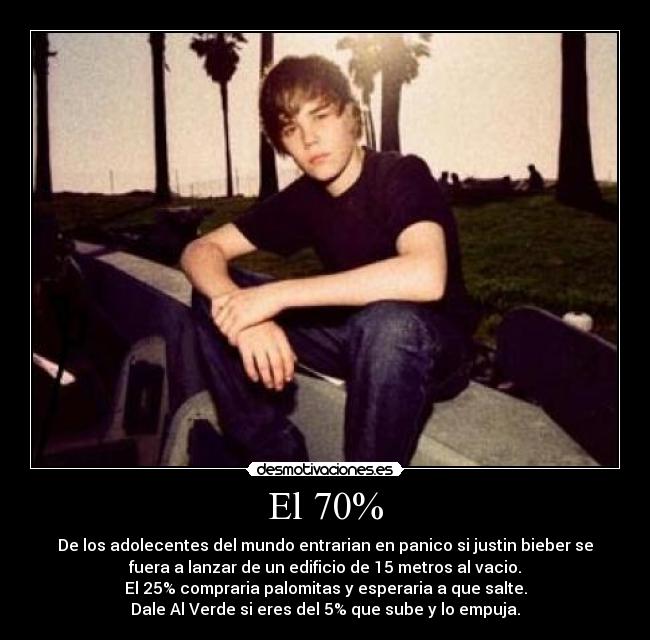 El 70% - De los adolecentes del mundo entrarian en panico si justin bieber se
fuera a lanzar de un edificio de 15 metros al vacio.
El 25% compraria palomitas y esperaria a que salte.
Dale Al Verde si eres del 5% que sube y lo empuja.