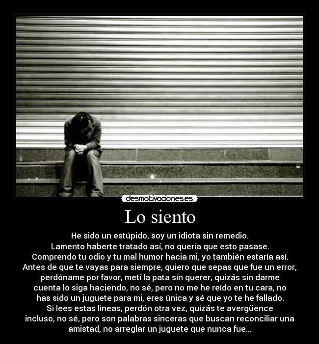 Lo siento - He sido un estúpido, soy un idiota sin remedio.
Lamento haberte tratado así, no quería que esto pasase.
Comprendo tu odio y tu mal humor hacia mi, yo también estaría así.
Antes de que te vayas para siempre, quiero que sepas que fue un error,
perdóname por favor, metí la pata sin querer, quizás sin darme
cuenta lo siga haciendo, no sé, pero no me he reído en tu cara, no
has sido un juguete para mi, eres única y sé que yo te he fallado.
Si lees estas lineas, perdón otra vez, quizás te avergüence
incluso, no sé, pero son palabras sinceras que buscan reconciliar una
amistad, no arreglar un juguete que nunca fue...