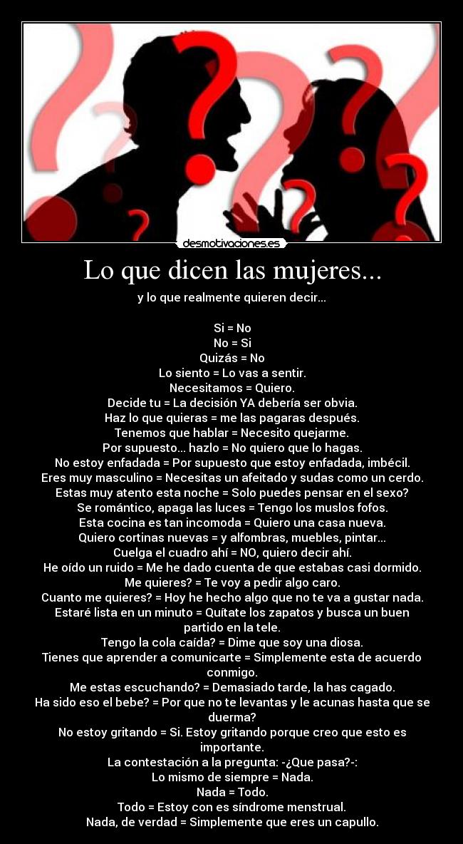 Lo que dicen las mujeres... - y lo que realmente quieren decir...
Si = No
No = Si
Quizás = No
Lo siento = Lo vas a sentir.
Necesitamos = Quiero.
Decide tu = La decisión YA debería ser obvia.
Haz lo que quieras = me las pagaras después.
Tenemos que hablar = Necesito quejarme.
Por supuesto... hazlo = No quiero que lo hagas.
No estoy enfadada = Por supuesto que estoy enfadada, imbécil.
Eres muy masculino = Necesitas un afeitado y sudas como un cerdo.
Estas muy atento esta noche = Solo puedes pensar en el sexo?
Se romántico, apaga las luces = Tengo los muslos fofos.
Esta cocina es tan incomoda = Quiero una casa nueva.
Quiero cortinas nuevas = y alfombras, muebles, pintar...
Cuelga el cuadro ahí = NO, quiero decir ahí.
He oído un ruido = Me he dado cuenta de que estabas casi dormido.
Me quieres? = Te voy a pedir algo caro.
Cuanto me quieres? = Hoy he hecho algo que no te va a gustar nada.
Estaré lista en un minuto = Quítate los zapatos y busca un buen partido en la tele.
Tengo la cola caída? = Dime que soy una diosa.
Tienes que aprender a comunicarte = Simplemente esta de acuerdo conmigo.
Me estas escuchando? = Demasiado tarde, la has cagado.
Ha sido eso el bebe? = Por que no te levantas y le acunas hasta que se duerma?
No estoy gritando = Si. Estoy gritando porque creo que esto es importante.
La contestación a la pregunta: -¿Que pasa?-:
Lo mismo de siempre = Nada.
Nada = Todo.
Todo = Estoy con es síndrome menstrual.
Nada, de verdad = Simplemente que eres un capullo.