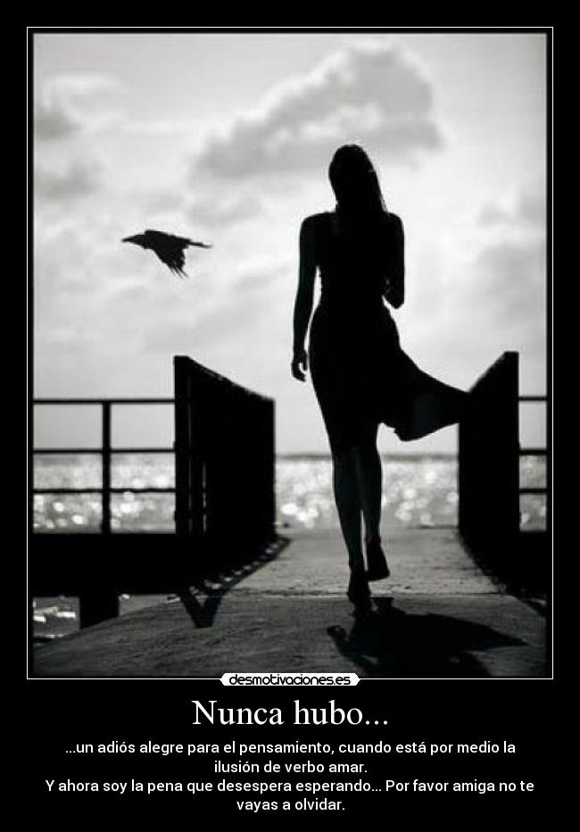 Nunca hubo... - ...un adiós alegre para el pensamiento, cuando está por medio la
ilusión de verbo amar.
Y ahora soy la pena que desespera esperando... Por favor amiga no te
vayas a olvidar.