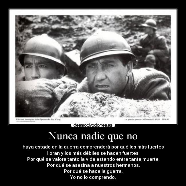 Nunca nadie que no - haya estado en la guerra comprenderá por qué los más fuertes
lloran y los más débiles se hacen fuertes.
Por qué se valora tanto la vida estando entre tanta muerte.
Por qué se asesina a nuestros hermanos.
Por qué se hace la guerra.
Yo no lo comprendo.
