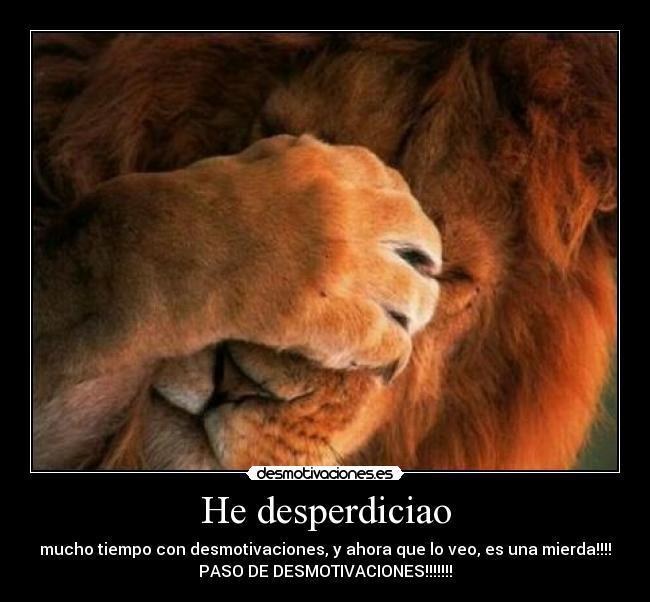 He desperdiciao - mucho tiempo con desmotivaciones, y ahora que lo veo, es una mierda!!!!
PASO DE DESMOTIVACIONES!!!!!!!
