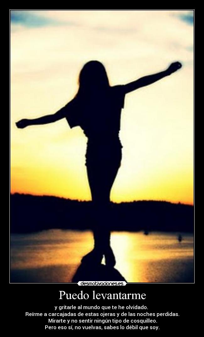 Puedo levantarme - y gritarle al mundo que te he olvidado.
Reírme a carcajadas de estas ojeras y de las noches perdidas.
Mirarte y no sentir ningún tipo de cosquilleo.
Pero eso sí, no vuelvas, sabes lo débil que soy.