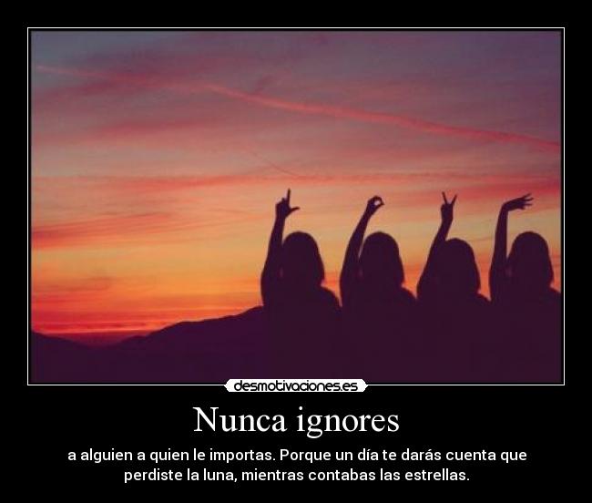 Nunca ignores - a alguien a quien le importas. Porque un día te darás cuenta que
perdiste la luna, mientras contabas las estrellas.