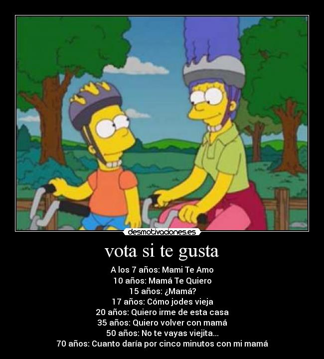 vota si te gusta - A los 7 años: Mami Te Amo♥
10 años: Mamá Te Quiero
15 años: ¿Mamá?
17 años: Cómo jodes vieja
20 años: Quiero irme de esta casa
35 años: Quiero volver con mamá
50 años: No te vayas viejita...
70 años: Cuanto daría por cinco minutos con mi mamá
