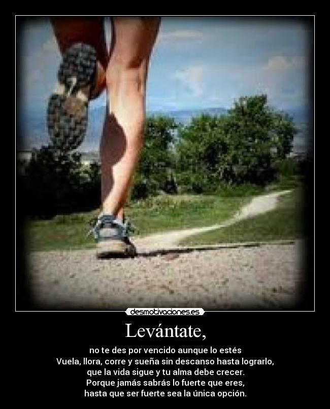 Levántate, - no te des por vencido aunque lo estés
Vuela, llora, corre y sueña sin descanso hasta lograrlo,
que la vida sigue y tu alma debe crecer.
Porque jamás sabrás lo fuerte que eres,
hasta que ser fuerte sea la única opción.