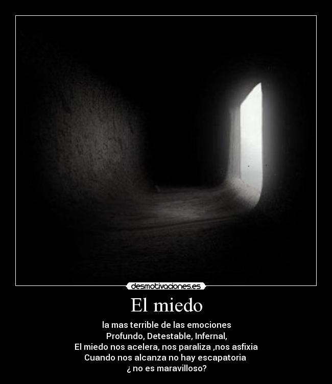 El miedo - la mas terrible de las emociones
Profundo, Detestable, Infernal,
El miedo nos acelera, nos paraliza ,nos asfixia
Cuando nos alcanza no hay escapatoria
¿ no es maravilloso?