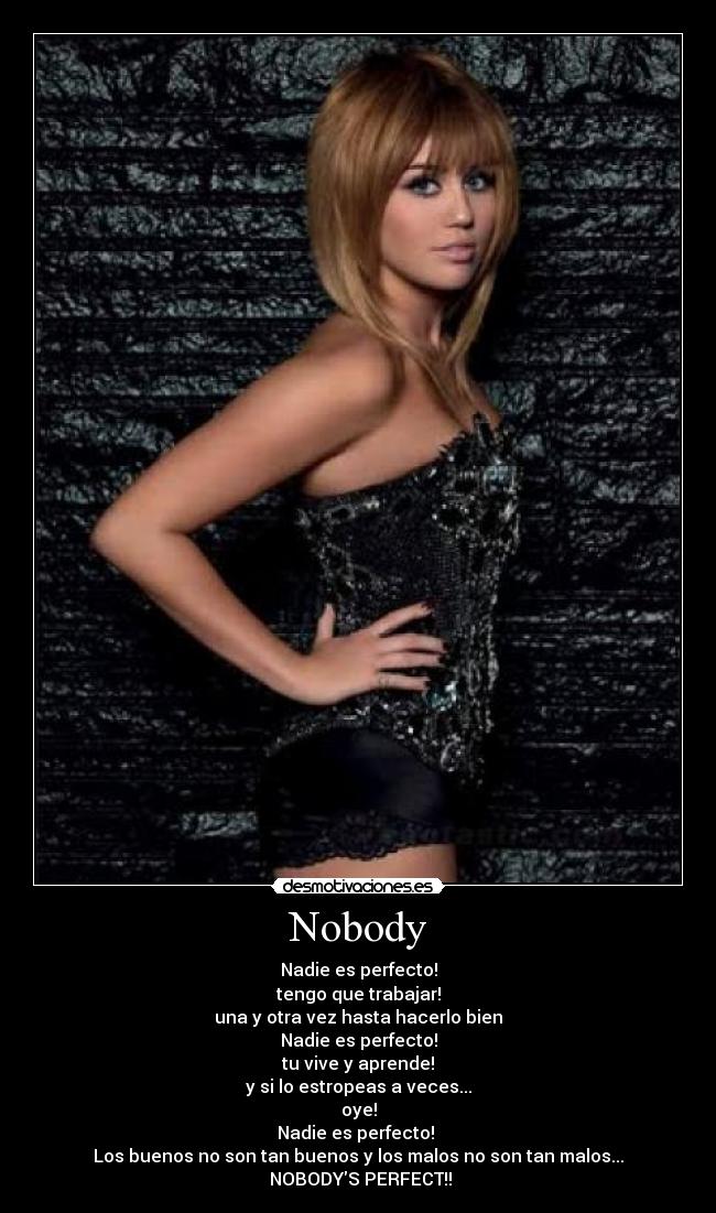 Nobody - Nadie es perfecto!
tengo que trabajar!
una y otra vez hasta hacerlo bien
Nadie es perfecto!
tu vive y aprende!
y si lo estropeas a veces...
oye!
Nadie es perfecto! 
Los buenos no son tan buenos y los malos no son tan malos...
 NOBODYS PERFECT!!