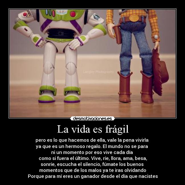 La vida es frágil - pero es lo que hacemos de ella, vale la pena vivirla 
ya que es un hermoso regalo. El mundo no se para 
ni un momento por eso vive cada día 
como si fuera el último. Vive, ríe, llora, ama, besa,
sonríe, escucha el silencio, fúmate los buenos 
momentos que de los malos ya te iras olvidando
Porque para mí eres un ganador desde el día que nacistes