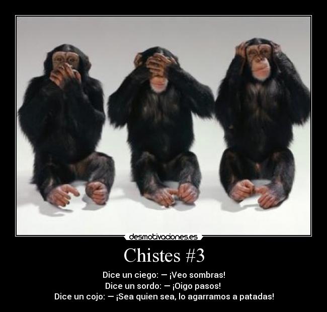 Chistes #3 - Dice un ciego: — ¡Veo sombras!
Dice un sordo: — ¡Oigo pasos!
Dice un cojo: — ¡Sea quien sea, lo agarramos a patadas!