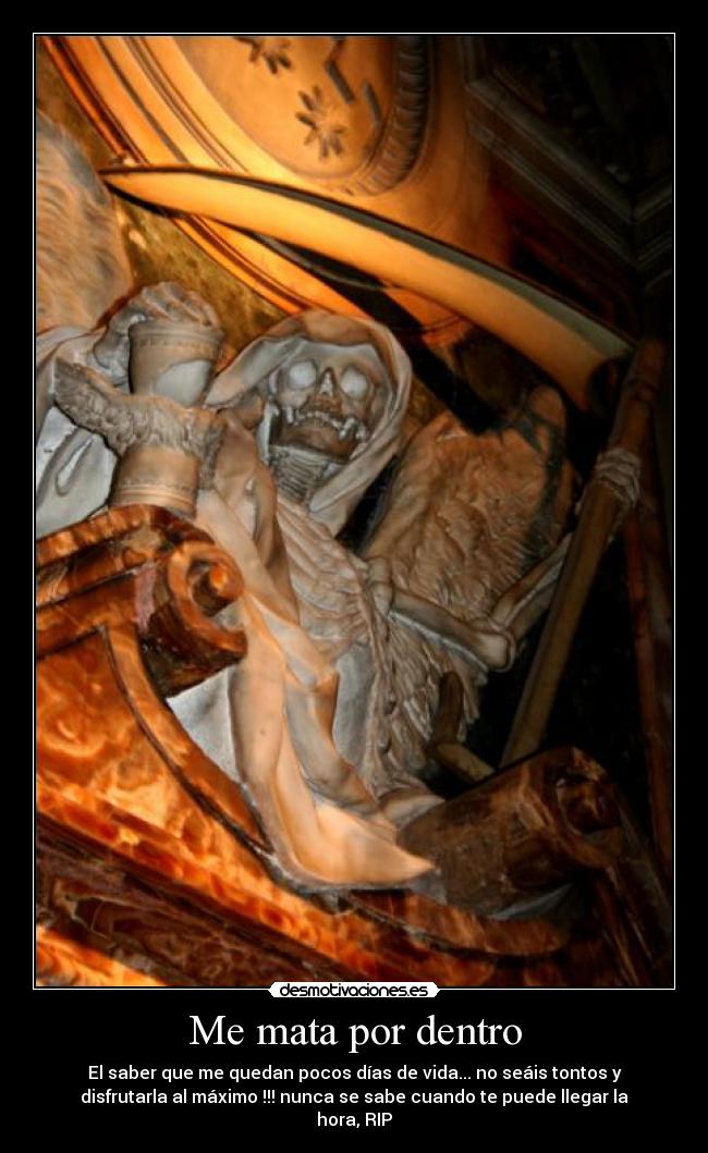 Me mata por dentro - El saber que me quedan pocos días de vida... no seáis tontos y
disfrutarla al máximo !!! nunca se sabe cuando te puede llegar la
hora, RIP