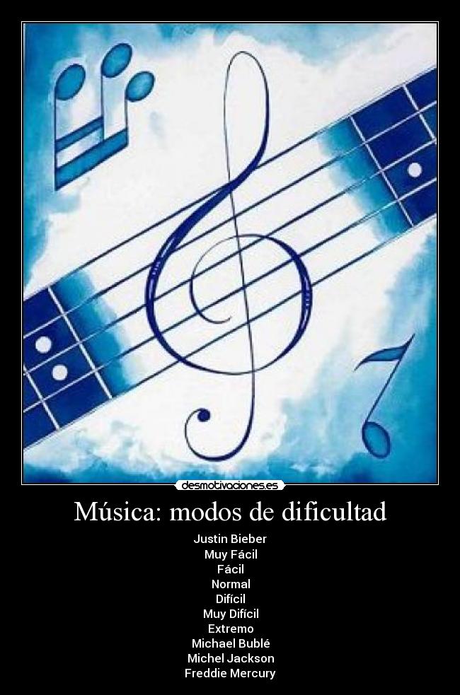 Música: modos de dificultad - Justin Bieber
Muy Fácil
Fácil
Normal
Difícil
Muy Difícil
Extremo
Michael Bublé
Michel Jackson
Freddie Mercury