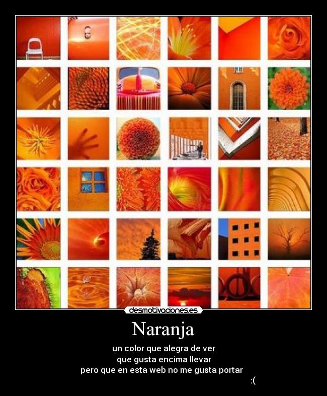 Naranja - un color que alegra de ver
que gusta encima llevar
pero que en esta web no me gusta portar  
                                                                                         :(