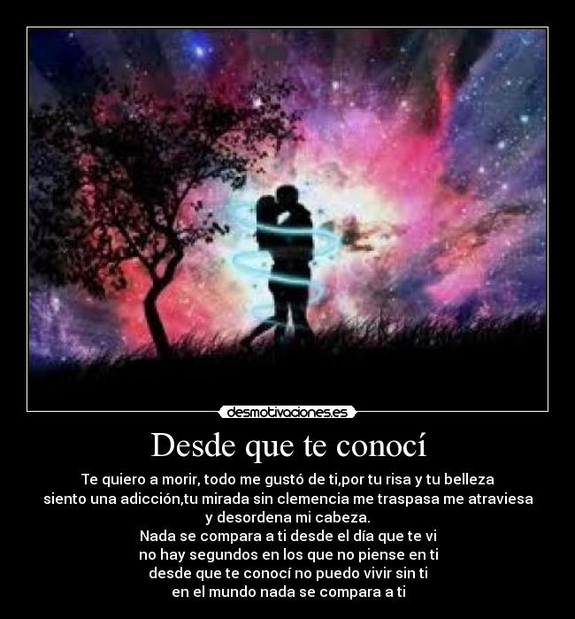 Desde que te conocí - Te quiero a morir, todo me gustó de ti,por tu risa y tu belleza
siento una adicción,tu mirada sin clemencia me traspasa me atraviesa
y desordena mi cabeza.
Nada se compara a ti desde el día que te vi
no hay segundos en los que no piense en ti
desde que te conocí no puedo vivir sin ti
en el mundo nada se compara a ti