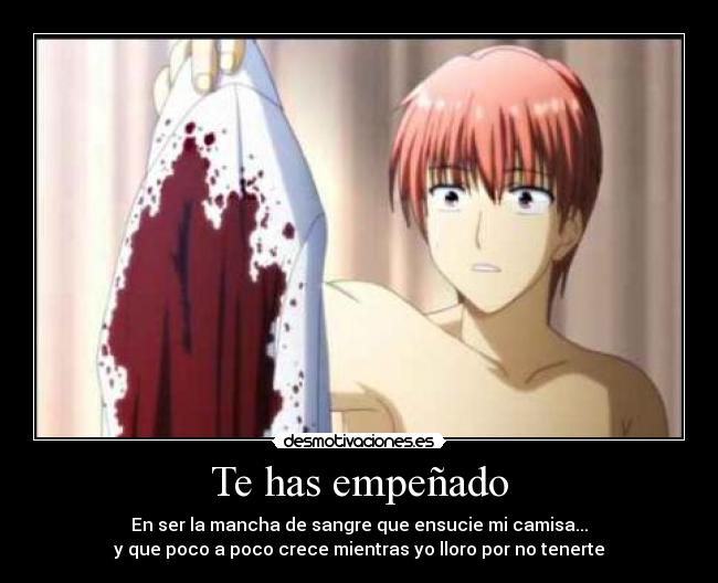 Te has empeñado - En ser la mancha de sangre que ensucie mi camisa...
y que poco a poco crece mientras yo lloro por no tenerte