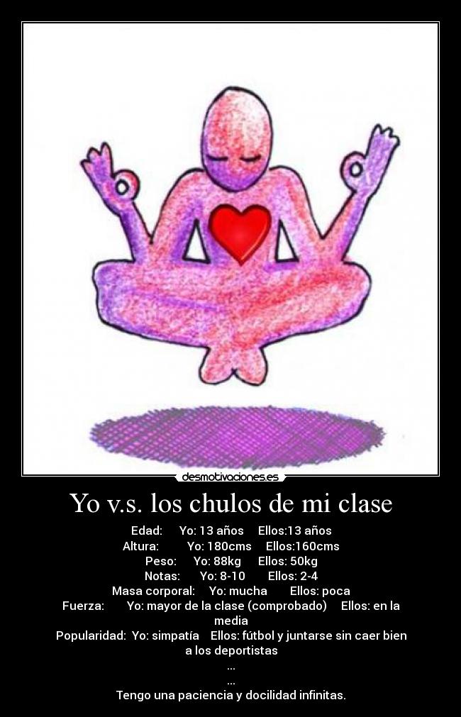 Yo v.s. los chulos de mi clase - Edad: Yo: 13 años Ellos:13 años
Altura: Yo: 180cms Ellos:160cms
Peso: Yo: 88kg Ellos: 50kg
Notas: Yo: 8-10 Ellos: 2-4
Masa corporal: Yo: mucha Ellos: poca
Fuerza: Yo: mayor de la clase (comprobado) Ellos: en la media
Popularidad: Yo: simpatía Ellos: fútbol y juntarse sin caer bien a los deportistas
...
...
Tengo una paciencia y docilidad infinitas.
