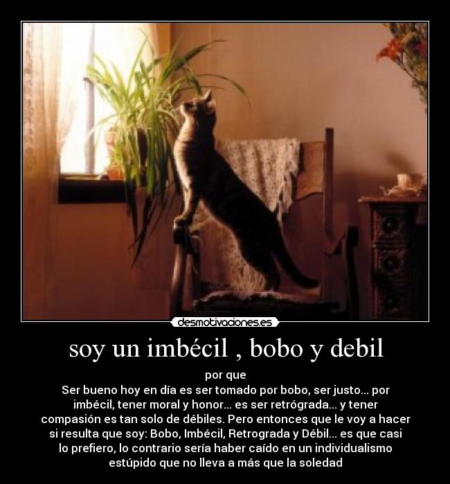 soy un imbécil , bobo y debil - por que
Ser bueno hoy en día es ser tomado por bobo, ser justo... por
imbécil, tener moral y honor... es ser retrógrada... y tener
compasión es tan solo de débiles. Pero entonces que le voy a hacer
si resulta que soy: Bobo, Imbécil, Retrograda y Débil... es que casi
lo prefiero, lo contrario sería haber caído en un individualismo
estúpido que no lleva a más que la soledad