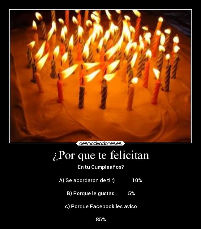 ¿Por que te felicitan - En tu Cumpleaños?
A) Se acordaron de ti :) ████████████ 10%
B) Porque le gustas..♥ ██████ 5%
c) Porque Facebook les aviso
███████████████████████████████████
85%