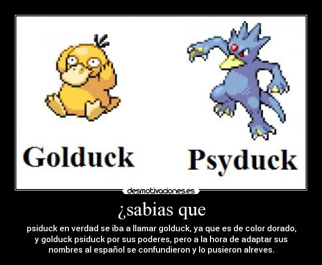 ¿sabias que - psiduck en verdad se iba a llamar golduck, ya que es de color dorado,
y golduck psiduck por sus poderes, pero a la hora de adaptar sus
nombres al español se confundieron y lo pusieron alreves.