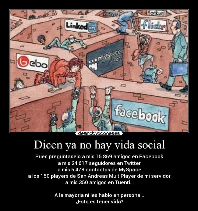 Dicen ya no hay vida social - Pues preguntaselo a mis 15.869 amigos en Facebook
a mis 24.617 seguidores en Twitter
a mis 5.478 contactos de MySpace
a los 150 players de San Andreas MultiPlayer de mi servidor
a mis 350 amigos en Tuenti...

A la mayoria ni les hablo en persona...
¿Esto es tener vida?