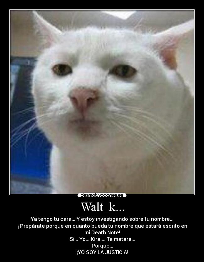 Walt_k... - Ya tengo tu cara... Y estoy investigando sobre tu nombre...
¡ Prepárate porque en cuanto pueda tu nombre que estará escrito en mi Death Note!
Si... Yo... Kira.... Te matare...
Porque...
¡YO SOY LA JUSTICIA!