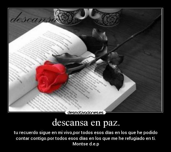 descansa en paz. - tu recuerdo sigue en mi vivo,por todos esos días en los que he podido
contar contigo.por todos esos días en los que me he refugiado en ti.
Montse d.e.p