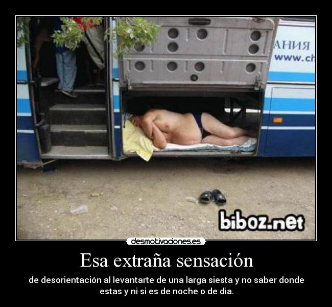Esa extraña sensación - de desorientación al levantarte de una larga siesta y no saber donde
estas y ni si es de noche o de dia.