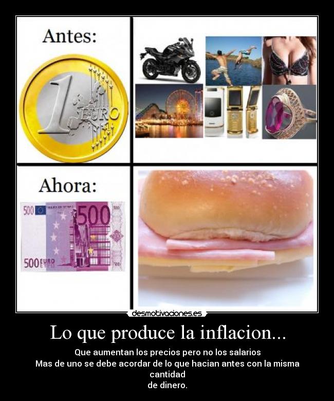 Lo que produce la inflacion... - Que aumentan los precios pero no los salarios
Mas de uno se debe acordar de lo que hacian antes con la misma cantidad
de dinero.