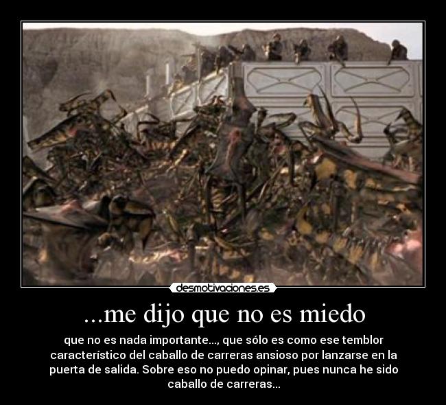 ...me dijo que no es miedo - que no es nada importante..., que sólo es como ese temblor
característico del caballo de carreras ansioso por lanzarse en la
puerta de salida. Sobre eso no puedo opinar, pues nunca he sido
caballo de carreras...