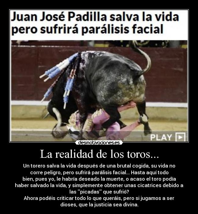 La realidad de los toros... - Un torero salva la vida después de una brutal cogida, su vida no
corre peligro, pero sufrirá parálisis facial... Hasta aquí todo
bien, pues yo, le habría deseado la muerte, o acaso el toro podía
haber salvado la vida, y simplemente obtener unas cicatrices debido a
las picadas que sufrió?
Ahora podéis criticar todo lo que queráis, pero si jugamos a ser
dioses, que la justicia sea divina.