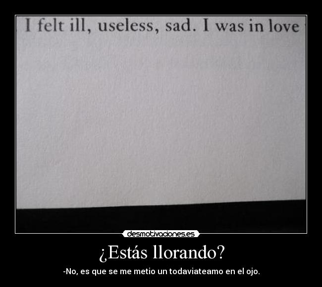 ¿Estás llorando? - -No, es que se me metio un todaviateamo en el ojo.
