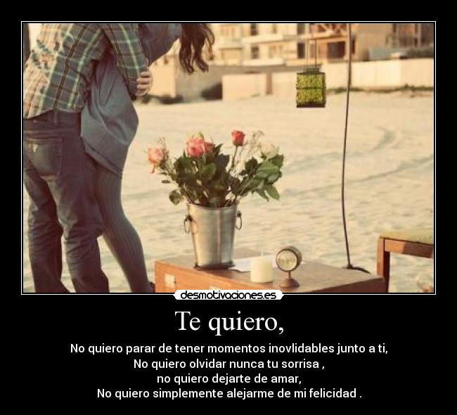 Te quiero, - No quiero parar de tener momentos inovlidables junto a ti,
No quiero olvidar nunca tu sorrisa ,
no quiero dejarte de amar,
No quiero simplemente alejarme de mi felicidad .